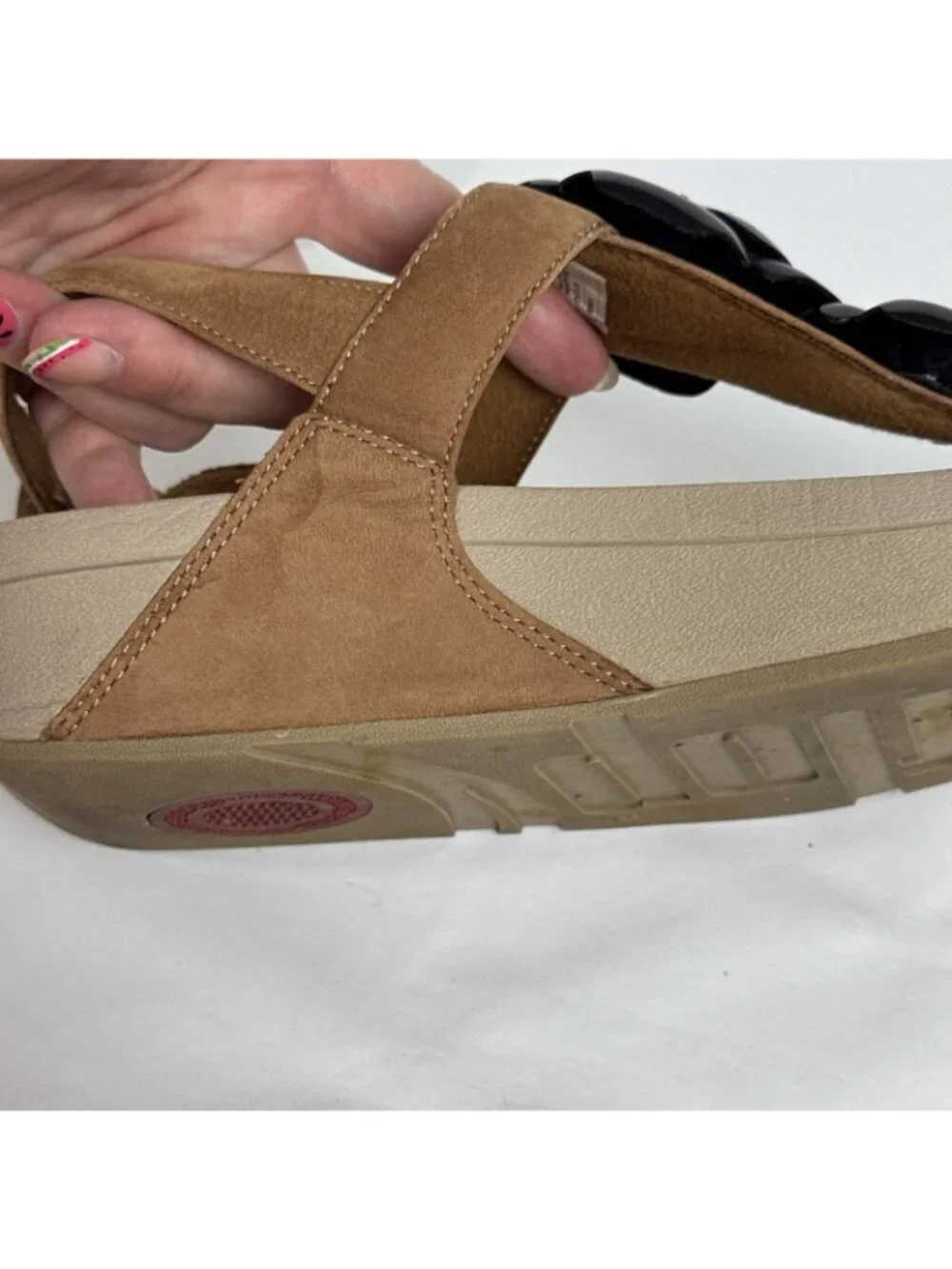 Fit Flop Floretta Tan Suede & Black Floral Wedge Thong Sandals Women's 7